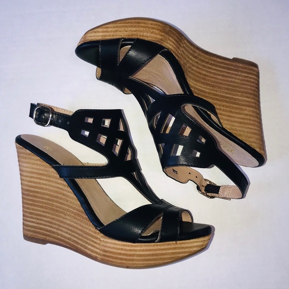 Restricted Shoes - Restricted Cork Wedge Black Leather Sandals Size 6